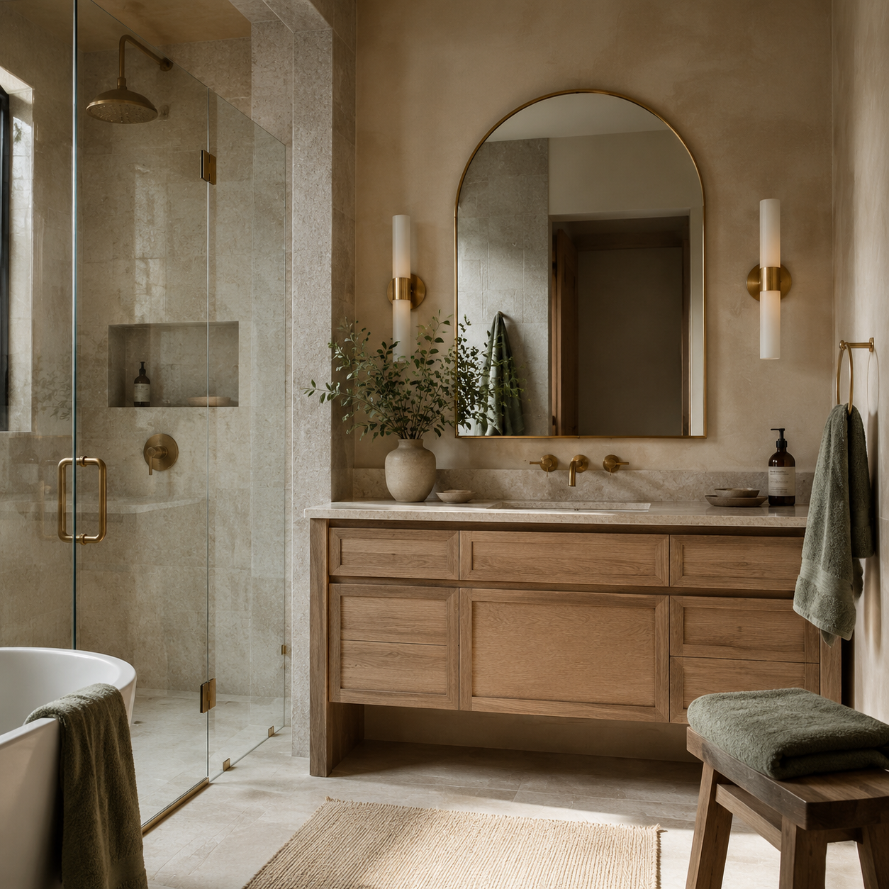 Warm brass bathroom concept with stone tile, oak vanity and sage accents