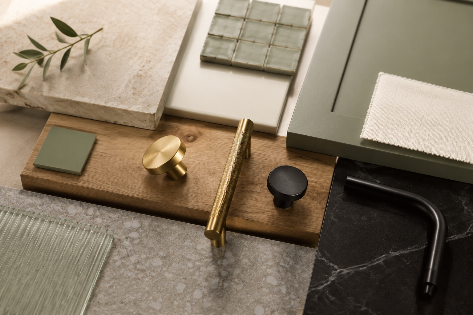 Bathroom material sample board with warm brass, stone, oak, sage and ivory